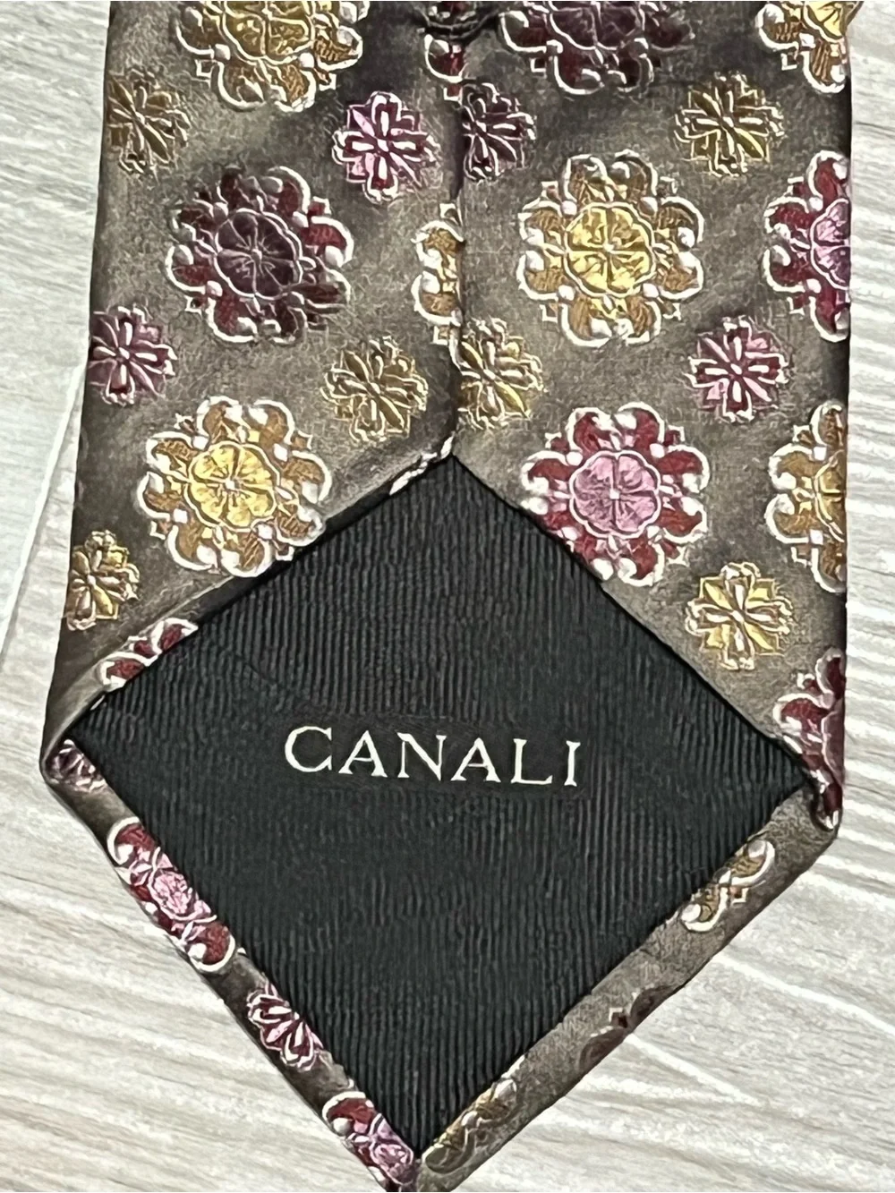 Canali Brown Silk Tie with Gold and Burgundy Floral Medallions Made in Italy